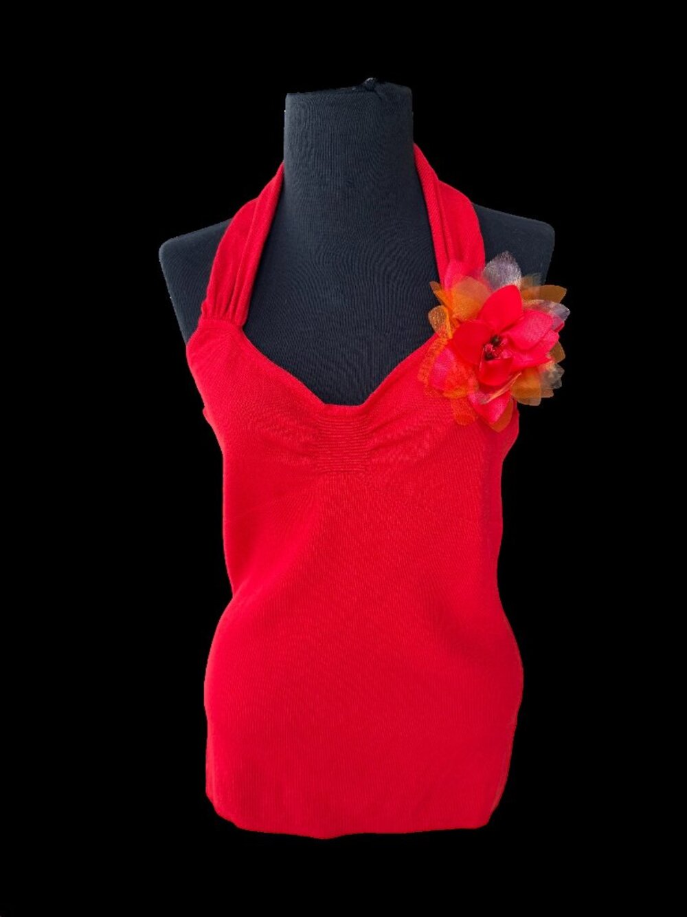 Vtg Y2K Cache Halter Knit Tank Top Floral Accent Red Size M Babydoll Boho Beach